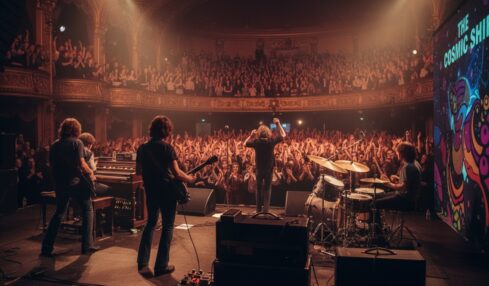 Una rock band suona sul palco di un teatro storico gremito di pubblico, con luci calde che illuminano la sala.