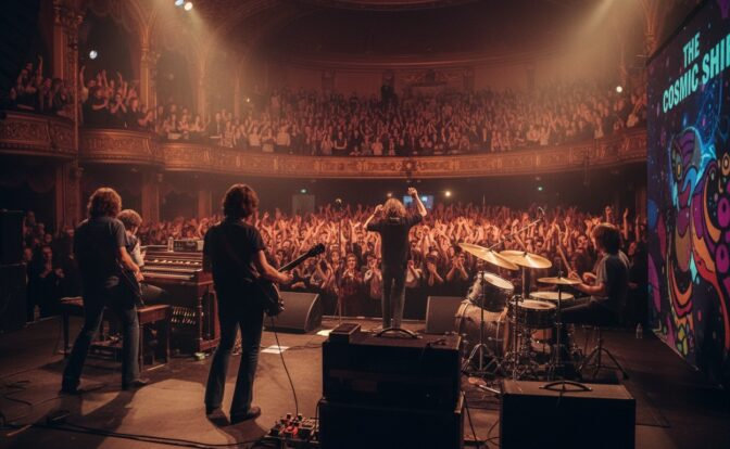 Una rock band suona sul palco di un teatro storico gremito di pubblico, con luci calde che illuminano la sala.