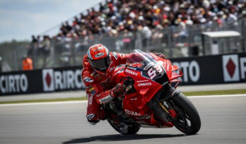 Un pilota in tuta e casco rossi affronta una curva a bordo di una motocicletta rossa su una pista da corsa.