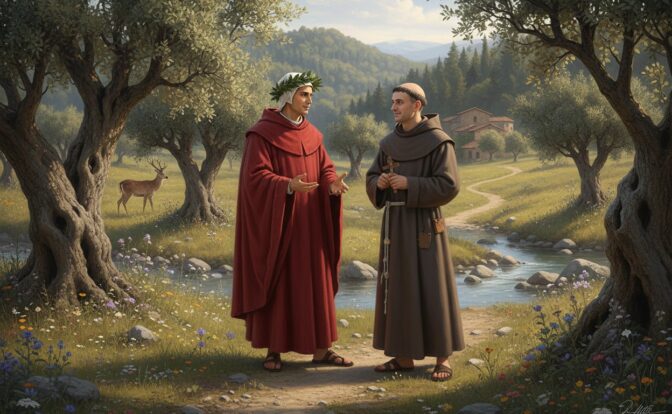 Due figure in abito religioso conversano su un sentiero erboso vicino a un ruscello, con alberi di ulivo e colline sullo sfondo.