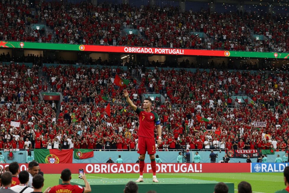 Il calciatore Cristiano Ronaldo saluta il pubblico sugli spalti di uno stadio gremito di tifosi.