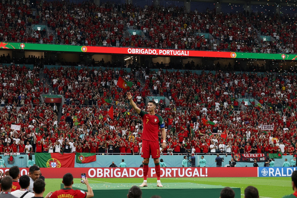 Il calciatore Cristiano Ronaldo saluta il pubblico sugli spalti di uno stadio gremito di tifosi.